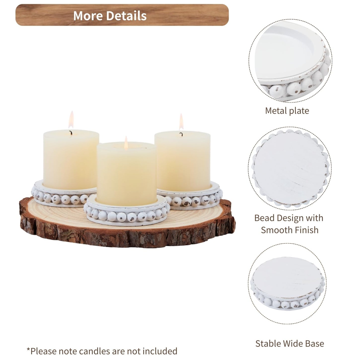 THORNIA Wooden Candle Holders for Pillar Candles, Set of 3 Wood Beaded Plate with Metal Cup Inserts, 4 Inch Rustic Farmhouse Tray Stand for Fireplace Mantel, Table Centerpiece Decor - White