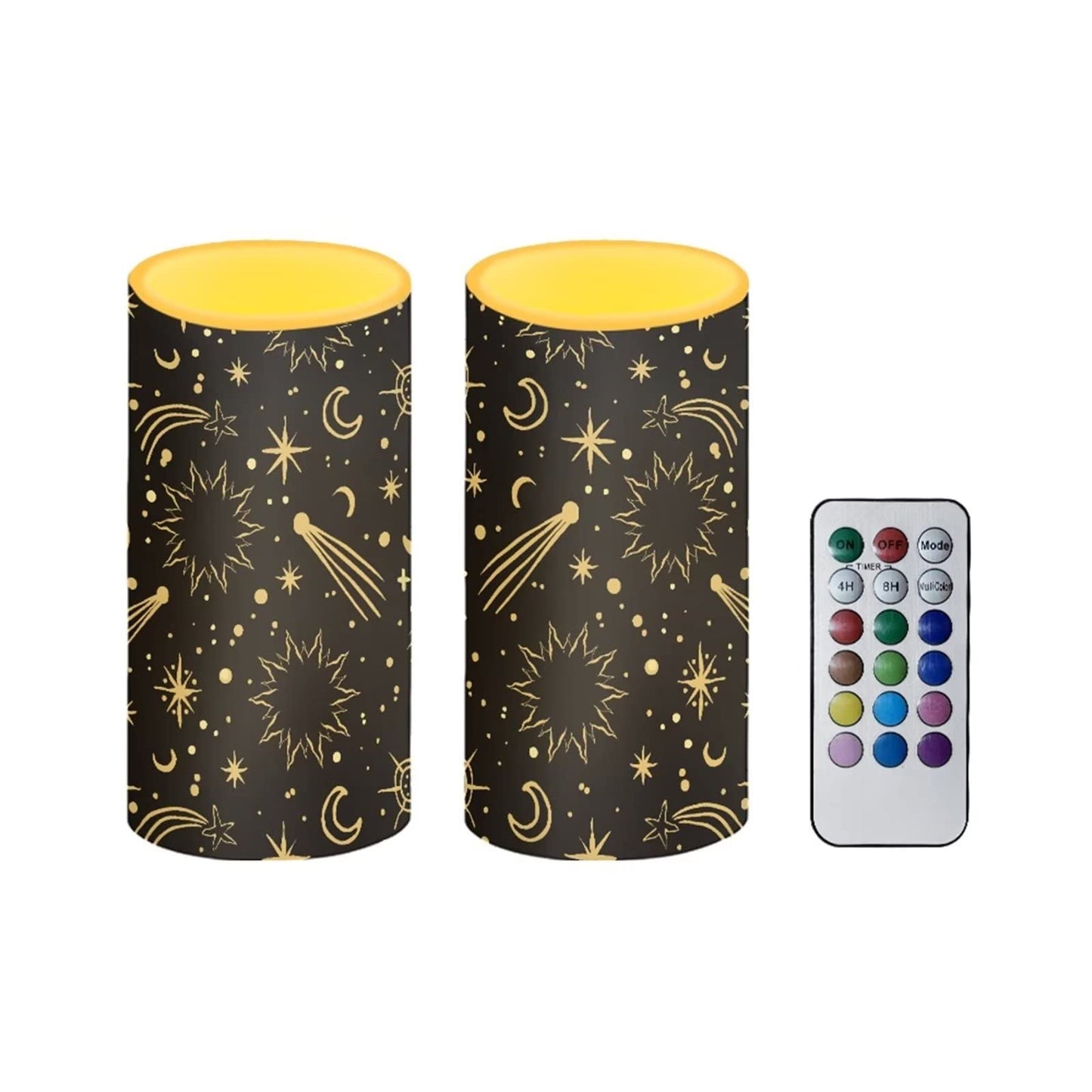 Cozeyat Star Moon Print Flickering Electric Tealights for Indoor Outdoor Decor,2 Pieces Flameless Votive Tea Lights,Real Wax Pillar LED Candles Battery Operated,Waterproof