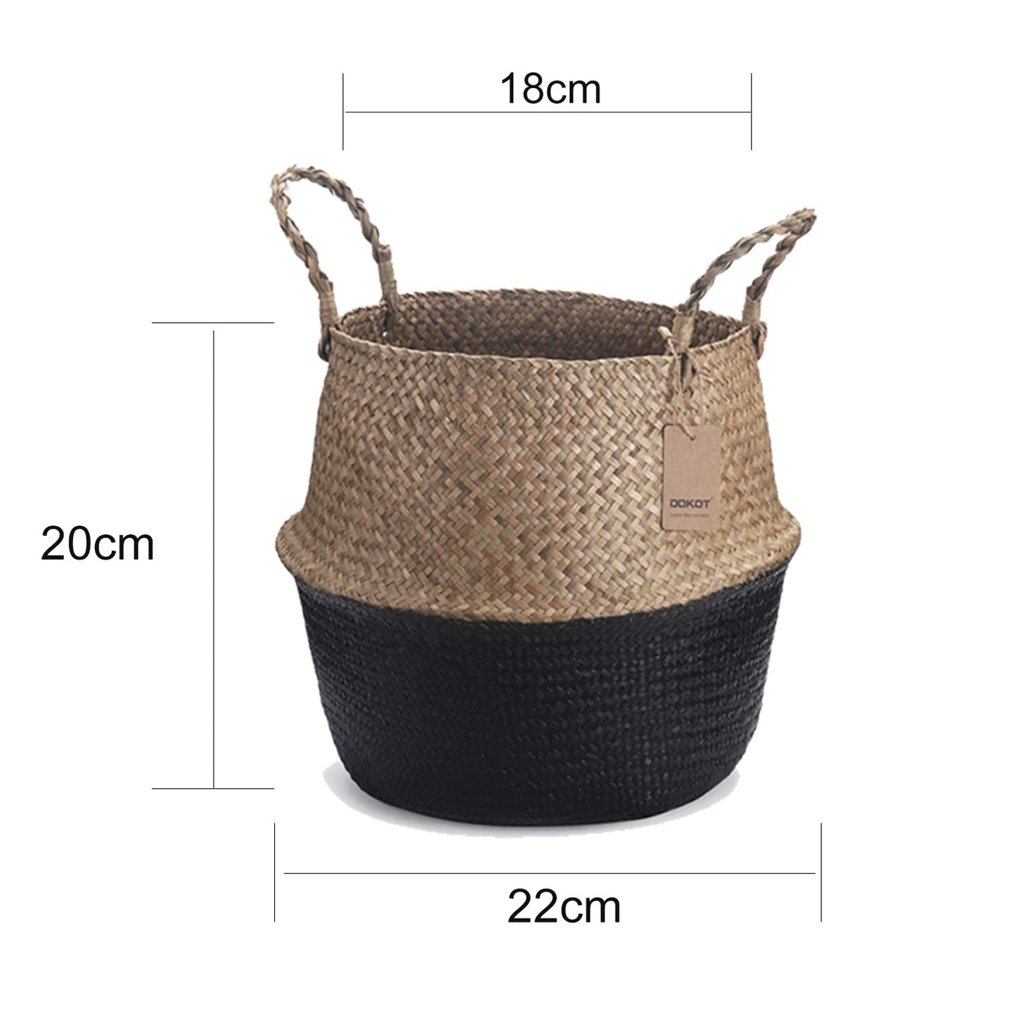 Seagrass Belly Basket Woven Plant Pot with Handles Natural Foldable for Storage Laundry Blankets Toys (Natural + Black)