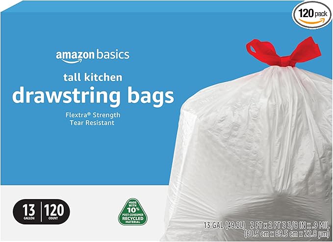 Amazon Basics 13 Gallon Tall Kitchen Drawstring Trash Bags, Flextra Strength