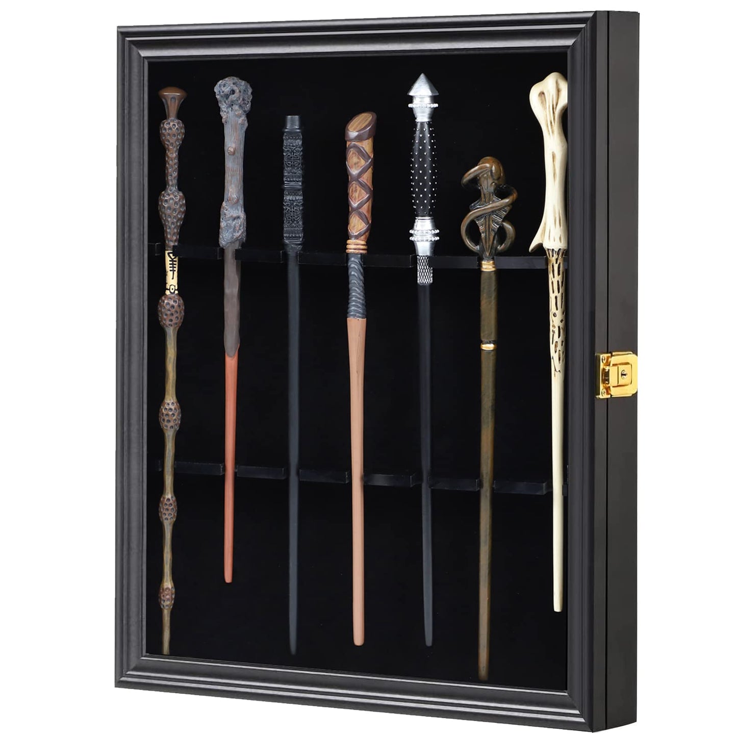 Grhonior 7 Wands Display case Universal Wizard Magic Wand Stand Wall Mount Lockable Wood magiquest Wand Vertical Hanging Holder Box Rack for Wand Collection