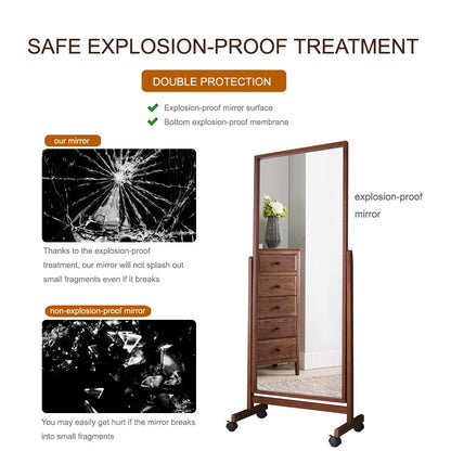 AISUNDY Swivel Full Length Mirror on Wheels 65"x22", Free Standing Wood Frame Cheval Floor Mirror for Dressing, Full Body with Stands, Tilt Angle Adjustable, Brown