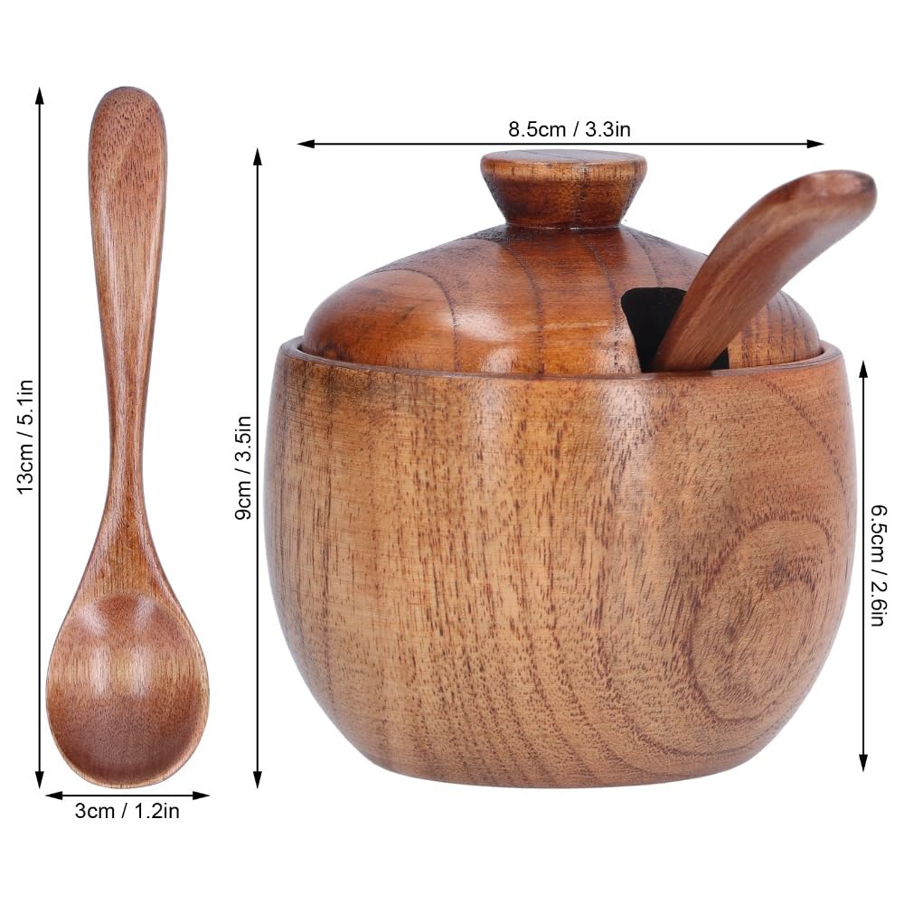 Anu Limen Wooden Sugar Bowl with Lid and Spoon - Spice Jar for Kitchen Pantry, Salt and Peppers Container, Rustic Brown Condiment Dispenser 3.5x3.3 in