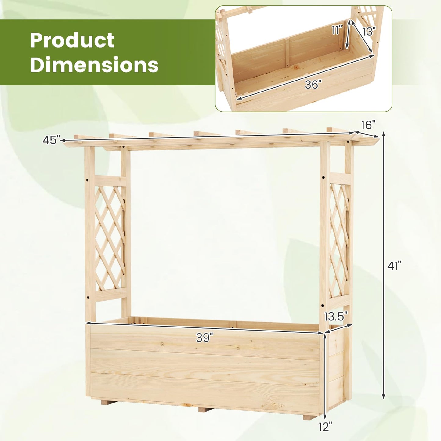 Giantex Raised Garden Bed with Sided Trellis & Hanging Roof, Wood Planter Box, Freestanding Garden Planter Raised Bed for Flowers Herbs Climbing Vines 45”x16”x41” (L x W x H)