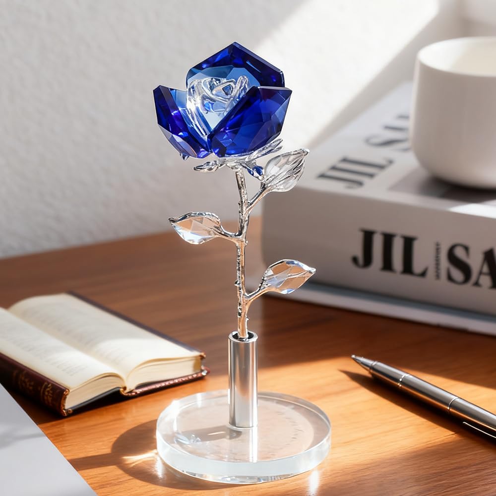 DLXK Crystal Flower Rose Figurine Faceted Glass Rose Statue Engraved Base Gift for Her Collectible Ornament Home Decor (Blue)