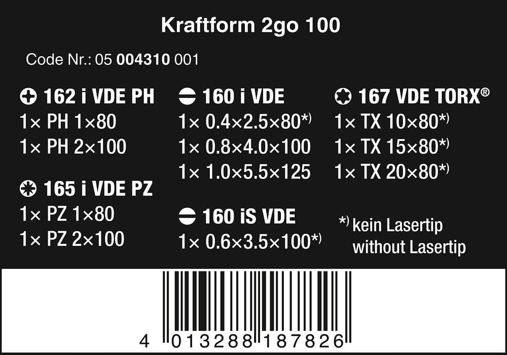 Wera Kraftform 2go 100 VDE 1000v screwdriver Set In Tool Quiver, PH/PZ/TX/SL, 12pc, 05004310001, Rot