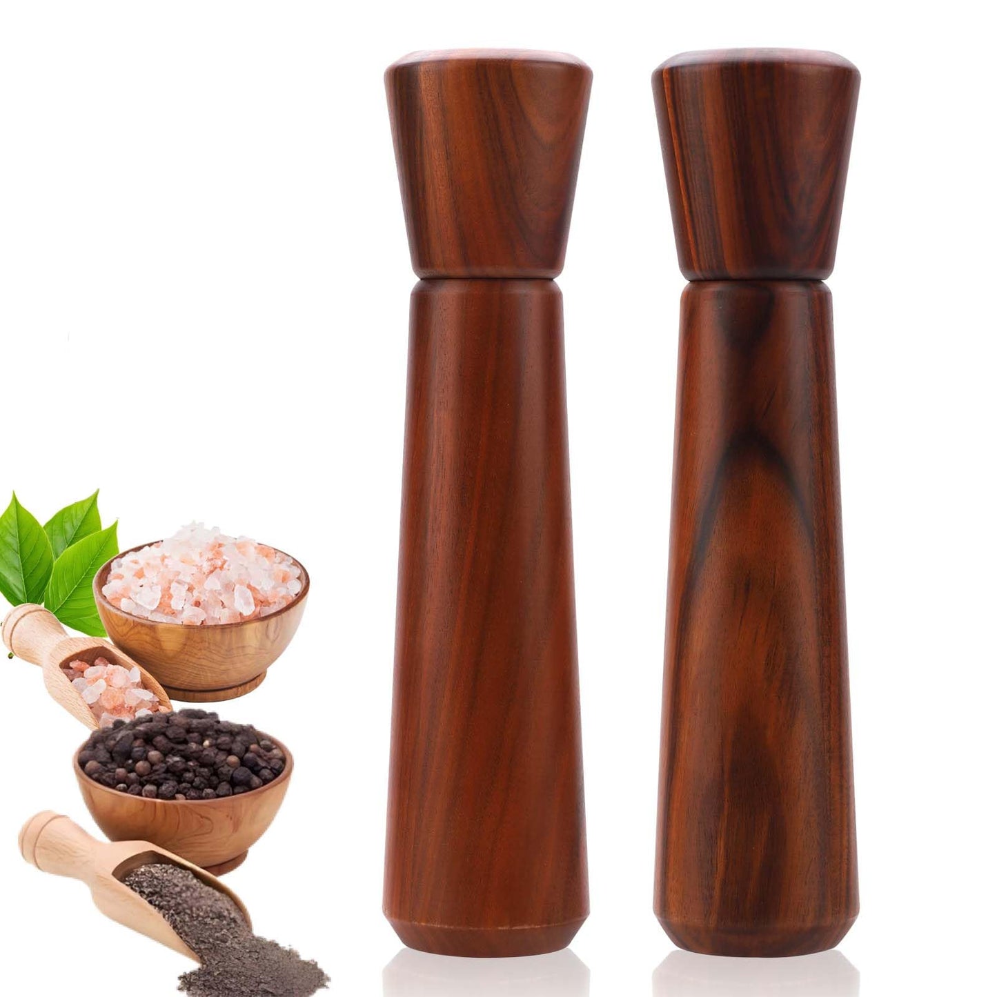 Wooden Salt and Pepper Grinder Set 10In,Salt and Pepper Grinder Refillable with Adjustable Ceramic Rotor, Easy Refill,Acacia Wood Pepper Grinder Manual,Salt and Pepper Shakers set 2-Pack