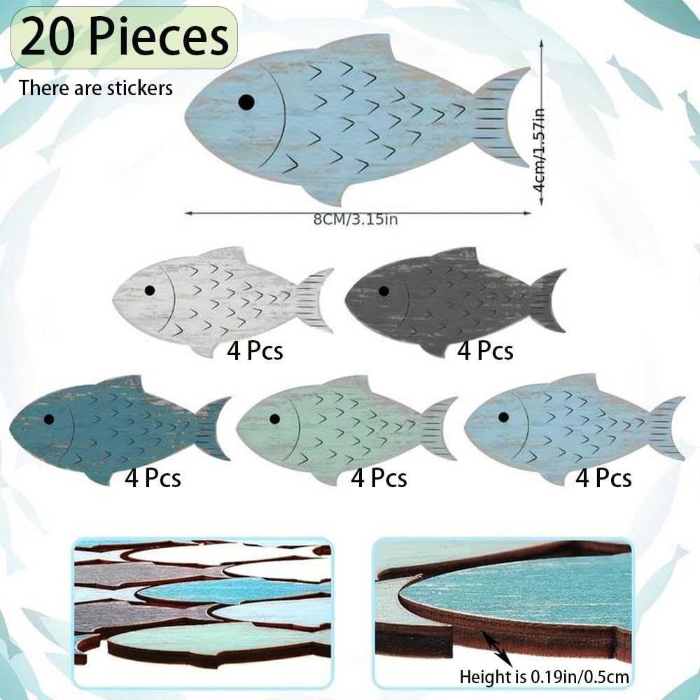 CHENSHUO Set of Wood Fish Wall Decor,Wooden Fish Wall Art,Coastal Themed Wood Fishs Walls Decoration,Beach Theme Decorations,20 Pieces.