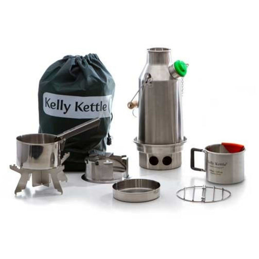 'Trekker' Kelly Kettle Kit – 20oz Wood Fueled Camp Boiler & Camping Stove | Cup | Cook Set | Pot-Support | All Stainless Steel | For Fun Family Picnics, Scouts, Outdoor Adventures or Power Outages