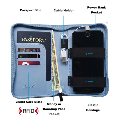 Phone Charging Passport Holder with Removable Fast Charging Power Bank that holds money, cards, phone, travel docs- RFID Blocking - Compatible with All Phones - Travel Accessories (Sky Blue)