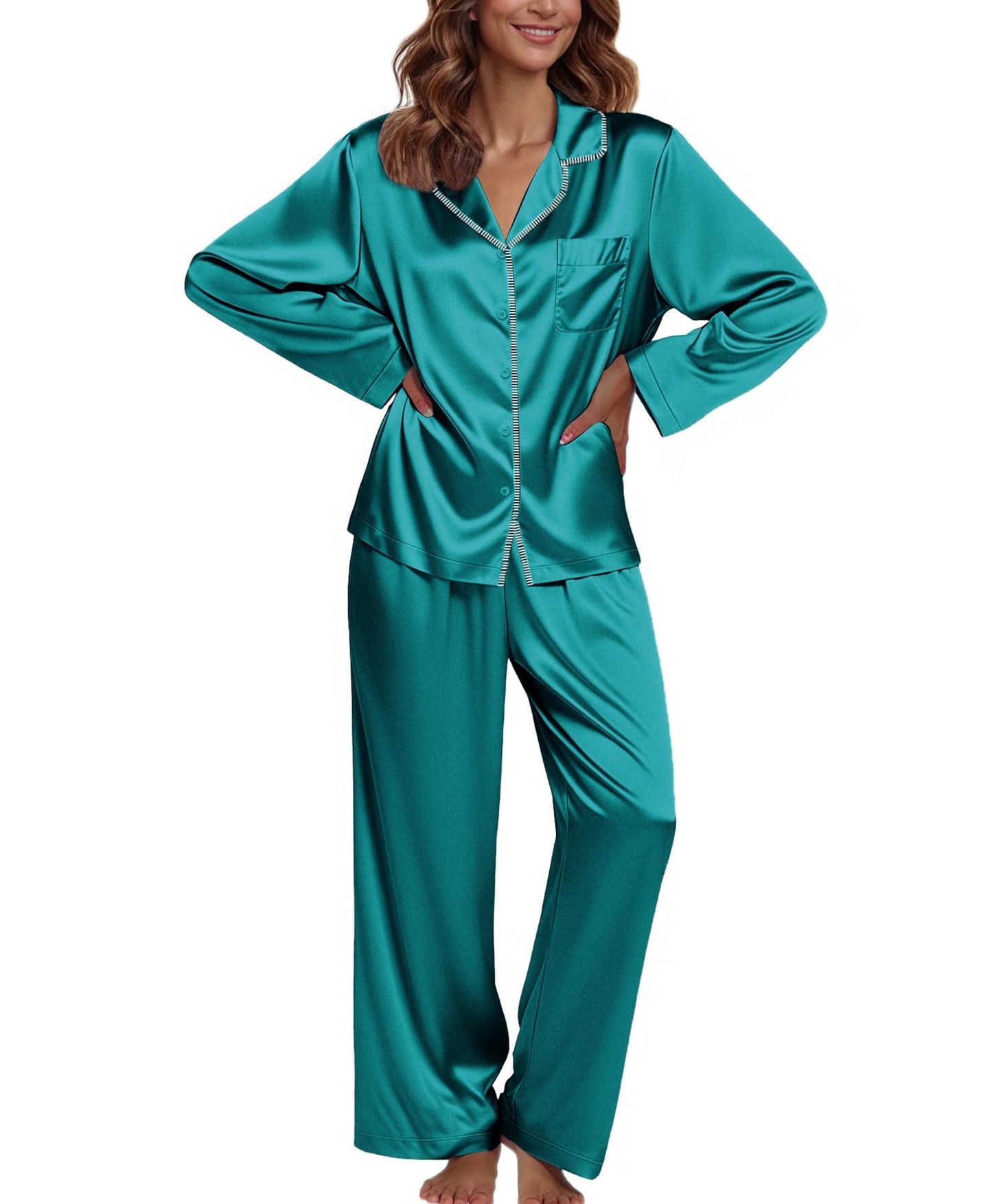 Ekouaer Pajamas For Women Set Silk Pjs 2 Piece Satin Sleepwear Long Sleeve Button Down Lounge Sets With Pant
