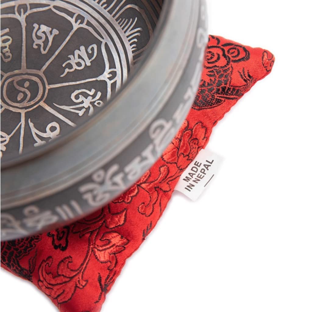 Premium Tibetan Singing Bowl Set – Handmade in Nepal Sound & Meditation Bowl – Spiritual Decor for Yoga, Wellness Spaces & Relaxation by Himalayan Bazaar (Brown & Red)
