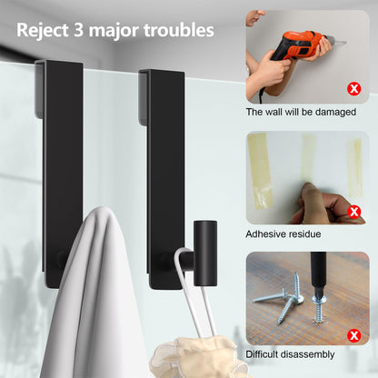 PMMASTO Shower Door Hooks, (7.5 Inch) Extended Towel Hooks for Bathroom Frameless Glass Shower Door, Stainless Steel Heavy Duty Hooks for Hanger Robe,Towel (Black ''T'' Shape 2 Pack)