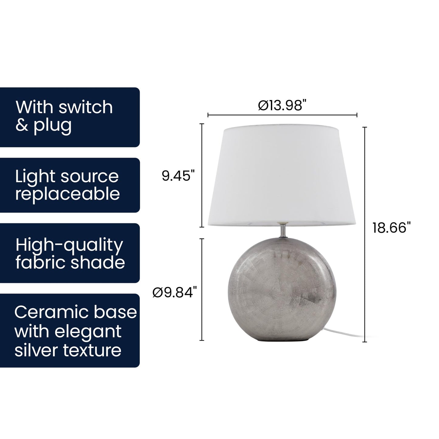 Lucande 19" Modern Ceramic Table Lamp, Silver Jar-Style Base with White Fabric Shade, Elegant Bedside Lamp for Nightstand or Living Room, E26 Base Bulb Not Included