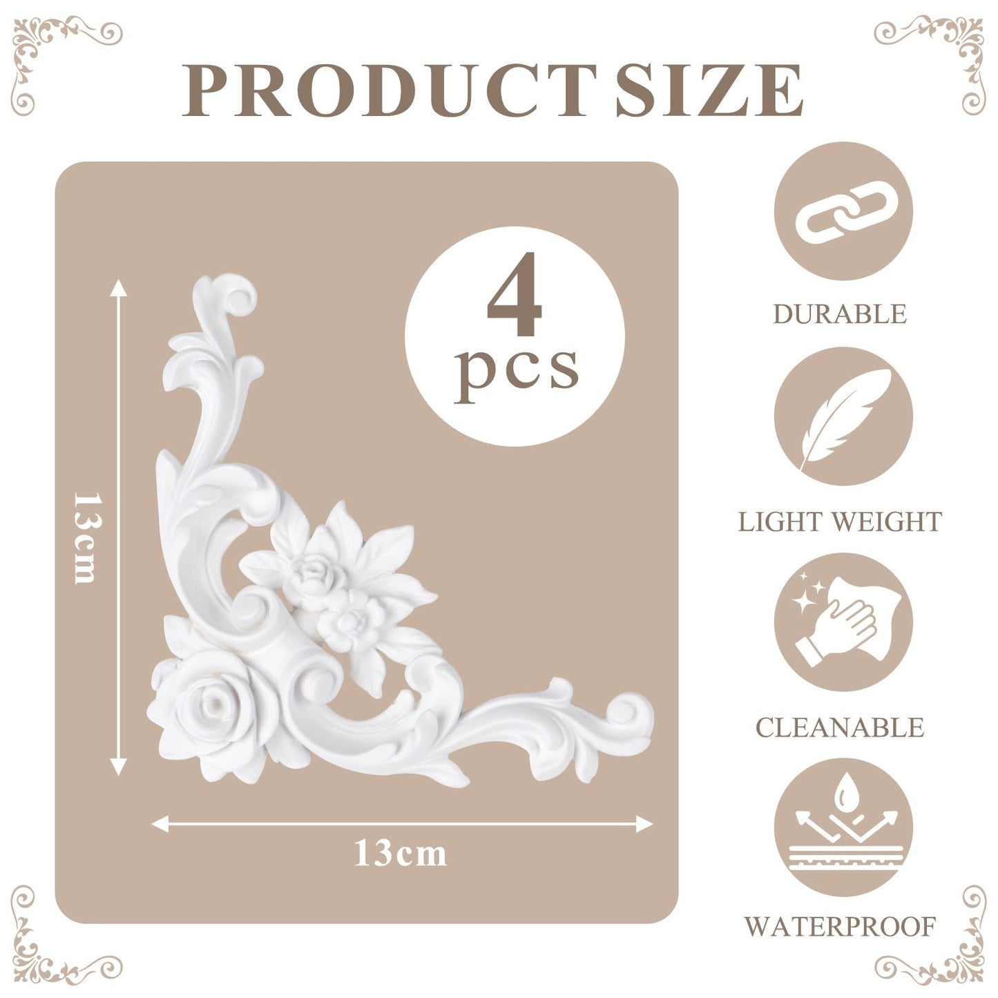 Corner Molding Ornament for Walls, French Style Decorative Accent with Floral Pattern, Rose Style Small, 4 Pieces