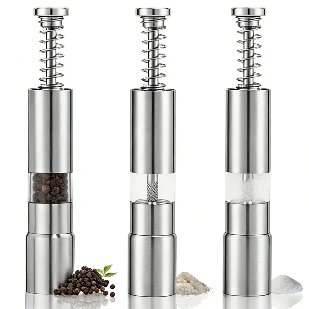 NEETUE 3PCS Stainless Steel Mini Pepper Grinder, Refillable Salt and Pepper Grinder Set with Push Button, Manual Peppercorn Grinding Tools for Sea Salt and Spice