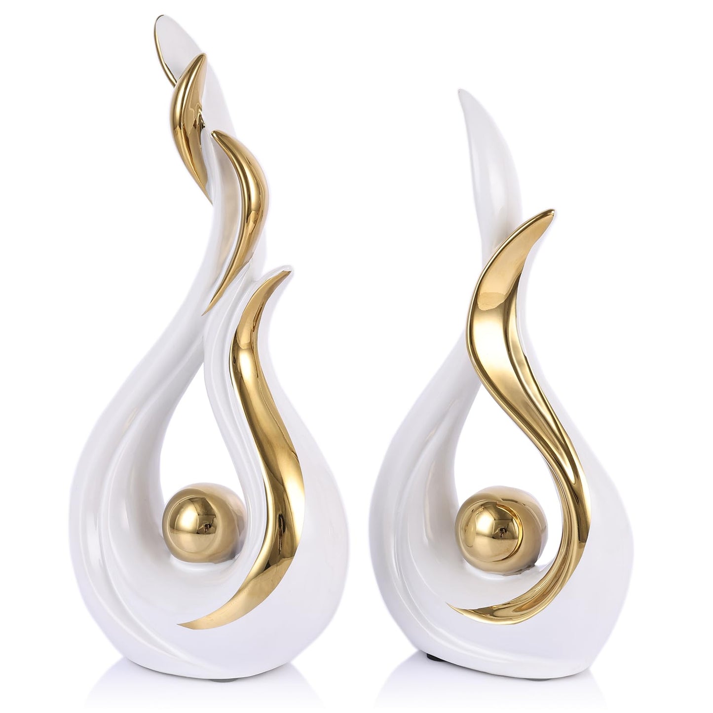 2PCS Abstract Flame Ceramic Sculpture Set – Modern Figurines for Living Room Table Centerpiece, Dining Table Decor, Bedroom Table Decor, Shelf Sculpture, Fireplace, and Home Decoration (White Gold)