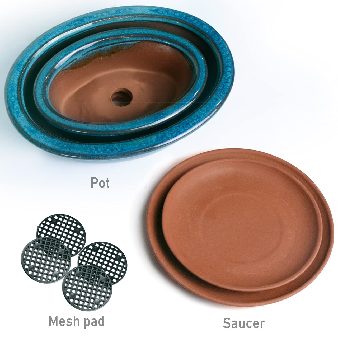 Dahlia Ceramic Succulent Pot/Bonsai Pot w Drainage Hole & Detachable Saucer, 2pc Oval