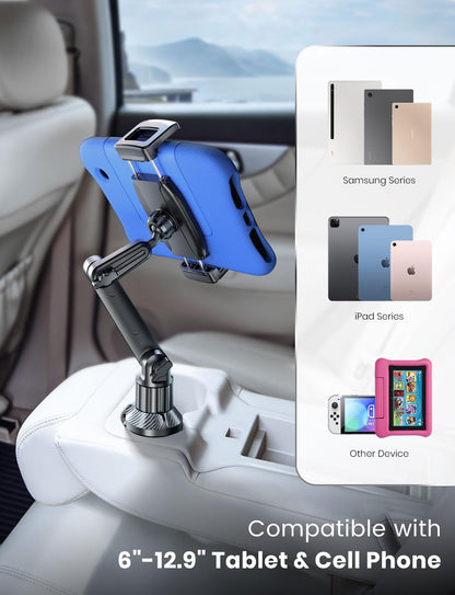 eSamcore Tablet Holder for Car, for iPad Cup Holder Car Mount with 1.57" Depth Large Clamp 15" Height Adjustable Tab Mount Holder for 6"-12.9" Cell Phone iPhone iPad Stand Travel Accessories