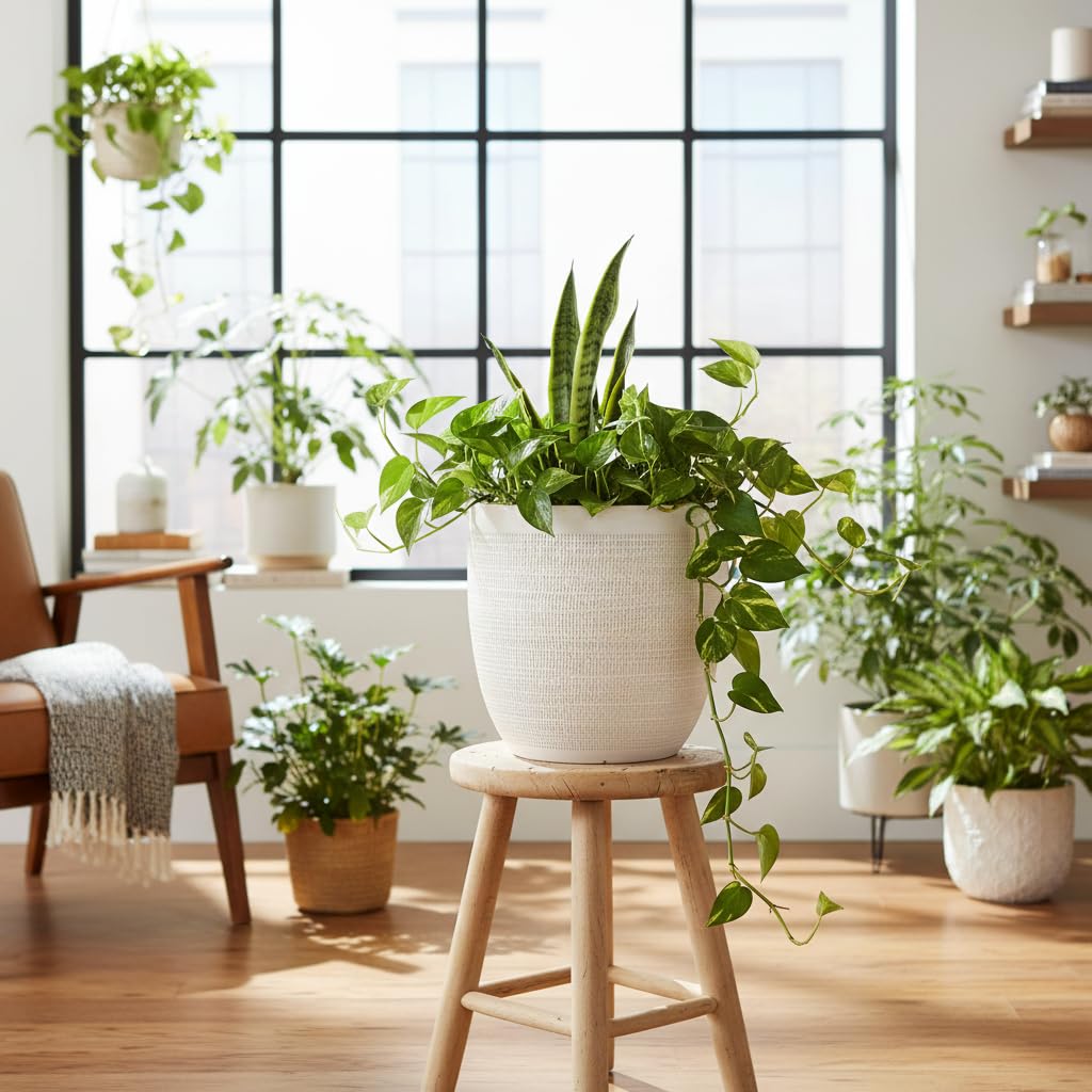 Creative Co-Op Large Matte White Embossed Stoneware Planter