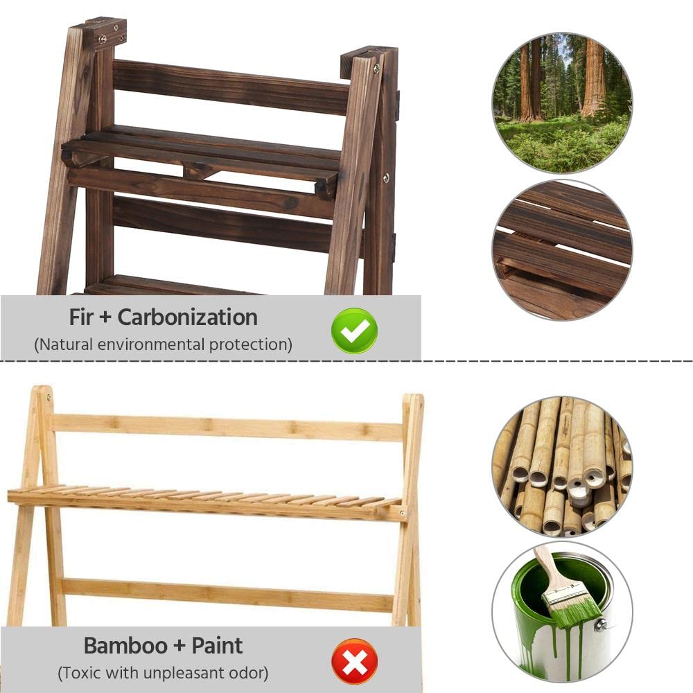 Yaheetech Wooden Foldable Ladder Shelf 4-Tier Magazine Holder Book Rack Plant Stand Folding Flower Display Pot Decorative Storage Free Standing Indoors/Outdoors Rustic No Assembly Required Brown