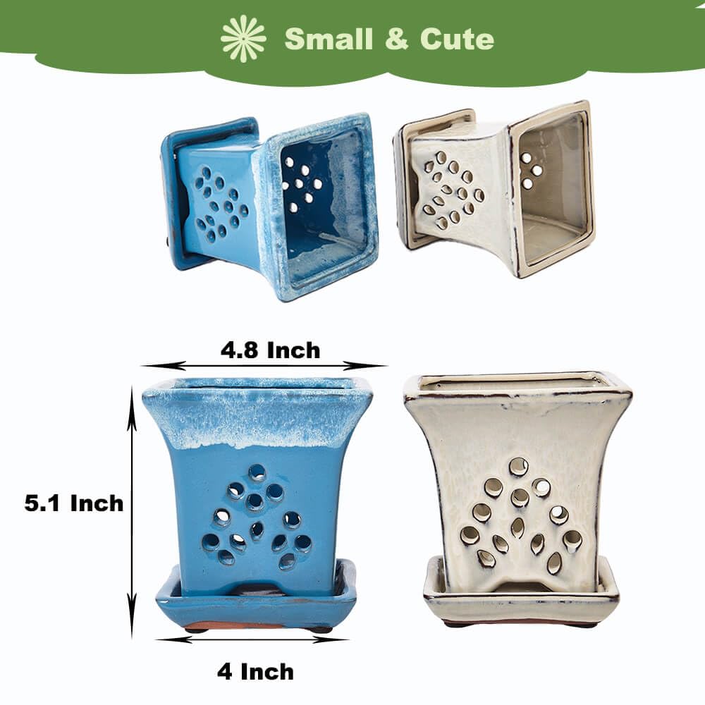 Ceramic Orchid Pots with Holes attached Saucers 4.8 Inches - Set of 2 Small Square Orchid Pots for Repotting, Decorative Ceramic Orchid Planter with Hole for Healthy Root Growth Blue White Mixed