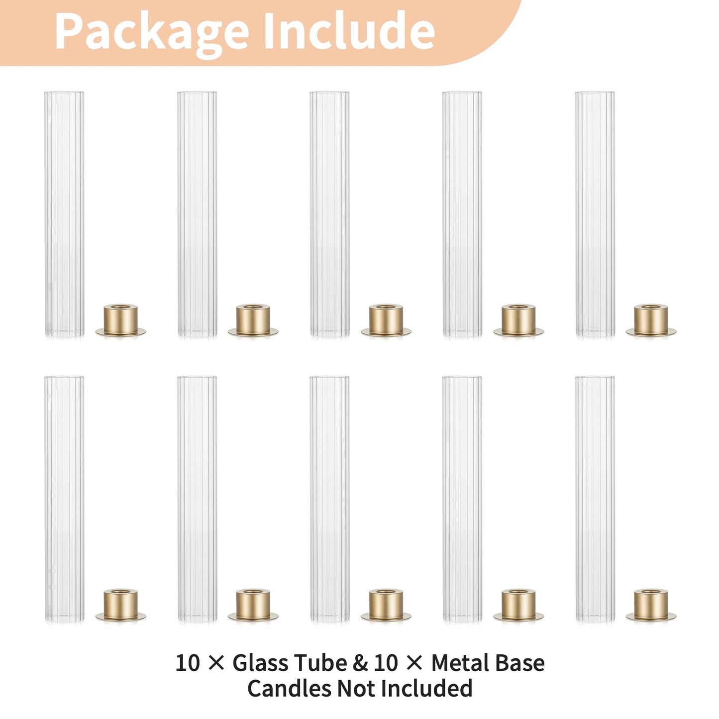 NUPTIO Hurricane Candle Holder for Centerpiece: Set of 10 Metal Taper Candle Holders with Fluted Glass Cylinders - Gold Candlestick Holders Bulk for Outdoor Party Dinner Wedding Table Decoration