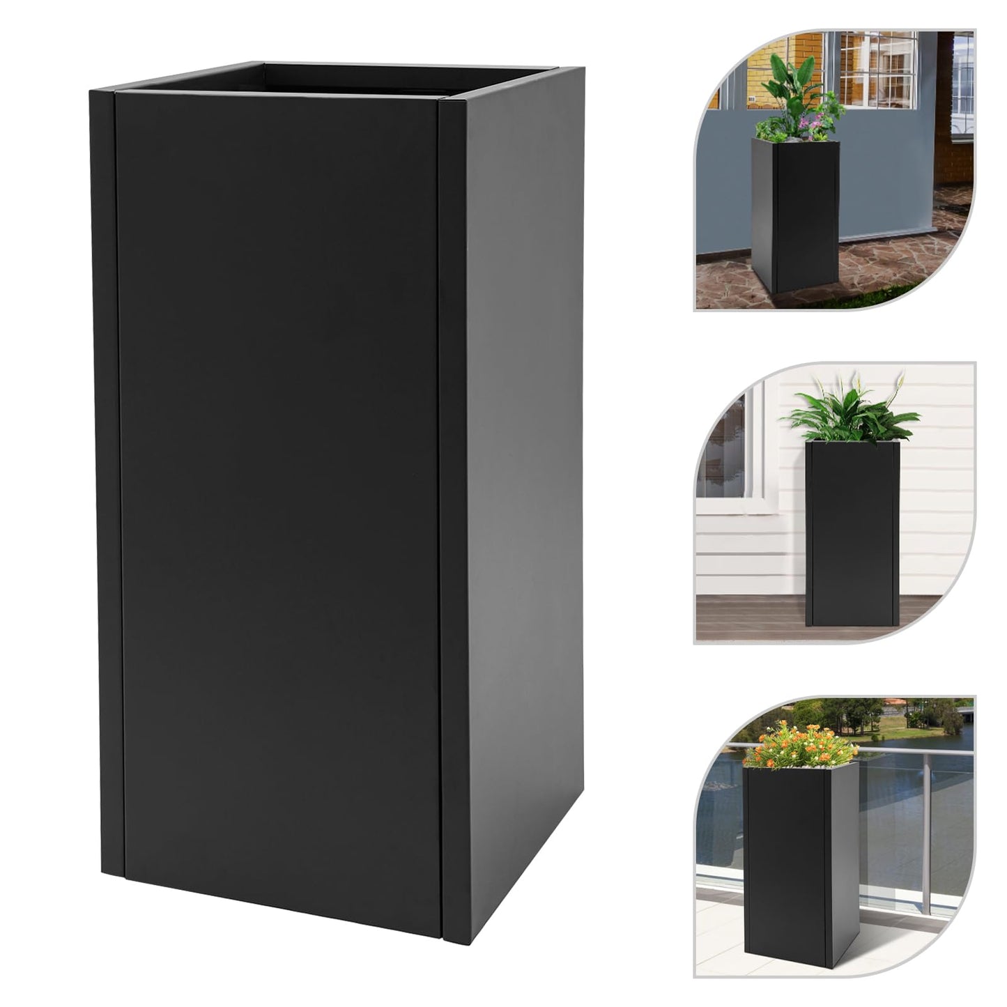 WUSILILU Tall Outdoor/Indoor Metal Planter Box with Drainage Hole, 14 * 14 * 30in Heavy Rectangular Large Flowerpot Stand for Garden, Halls, Patio, Pool Area, Balcony, Entrance, Front Porch (Black)