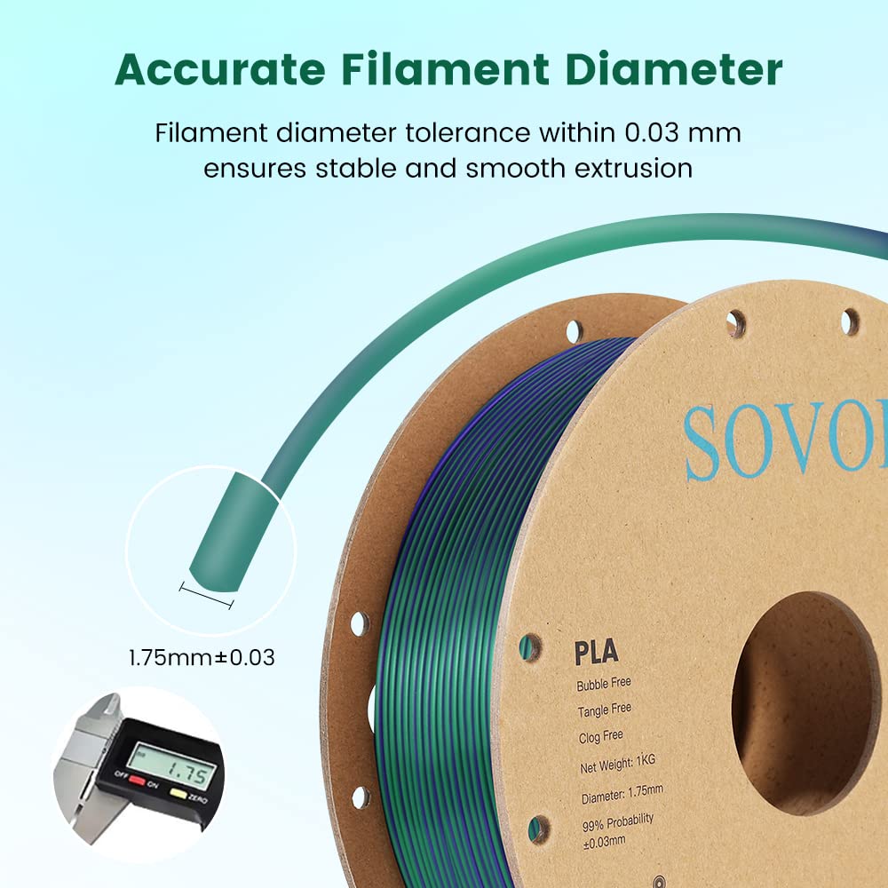 Sovol PLA Filament Silk Tri Color Co-Extrusion 1.75mm, 3D Printer Filament 1kg/ 2.2lbs, Shiny Silk Bronze Purple Green 3 in 1 Coextrusion PLA Material +/-0.03mm