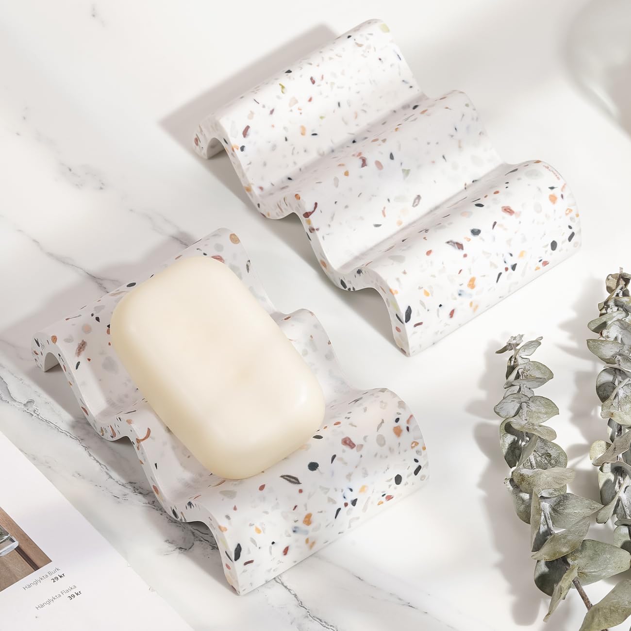 Luxspire Soap Dish, Marble Soap Dish, Self-draining Tray, Soap Holder Saver for Shower, Bathroom, Sink, Kitchen and Countertop, Terrazzo, 2 Pack