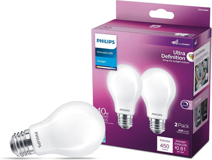 PHILIPS LED 75W A19 4-Pack Ultra Definition Daylight (5000K) 1100 Lumen (9W = 75W) Dimmable Frosted Flicker-Free Light Bulbs