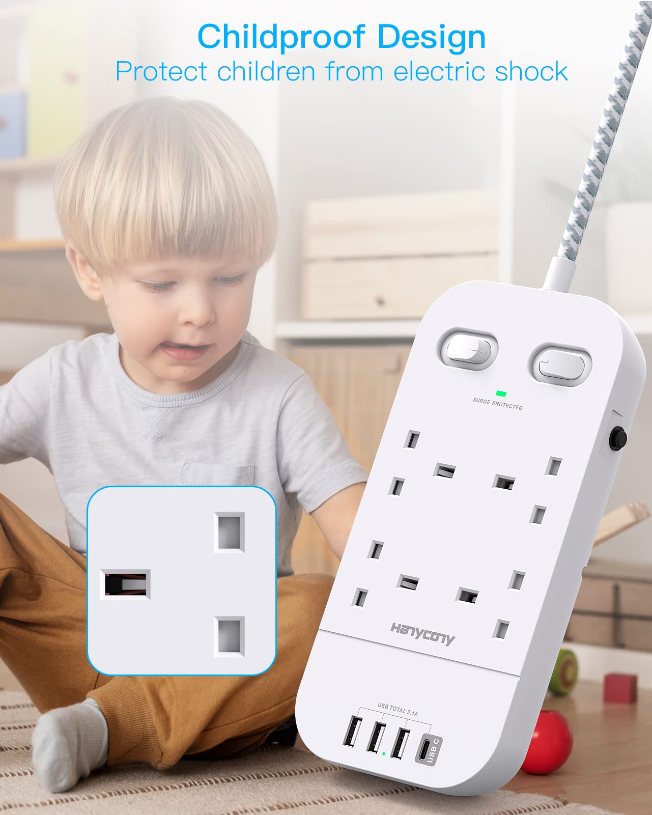 4 Way Surge Protected Extension Lead with USB Slots – Multi Plug Power Strip Extension Cable with Double Switches, Plug Extension Socket 1.8M Braided Extension Cord for Home Office Accessories
