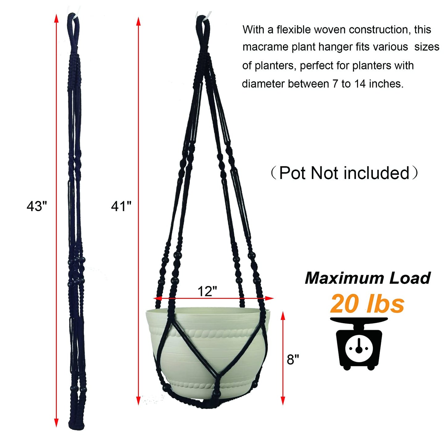 Bouqlife Large Macrame Plant Hanger Black 43 Inch Long for up to 12 Inch Pot No Tassel Cotton Rope Hanging Basket Plant Holder with Heavy Duty Ceiling Hooks