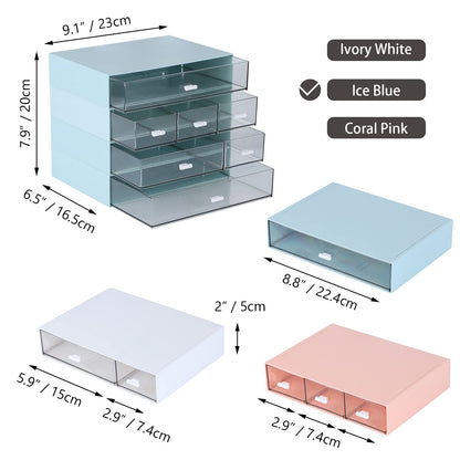 OSteed Desk Craft Organizer and Storage with 7 Flat Drawers, Stackable Plastic Desktop Accessories & Workspace Organizer for Office Stationary, Makeup Skincare, Sanitation Supplies, Blue
