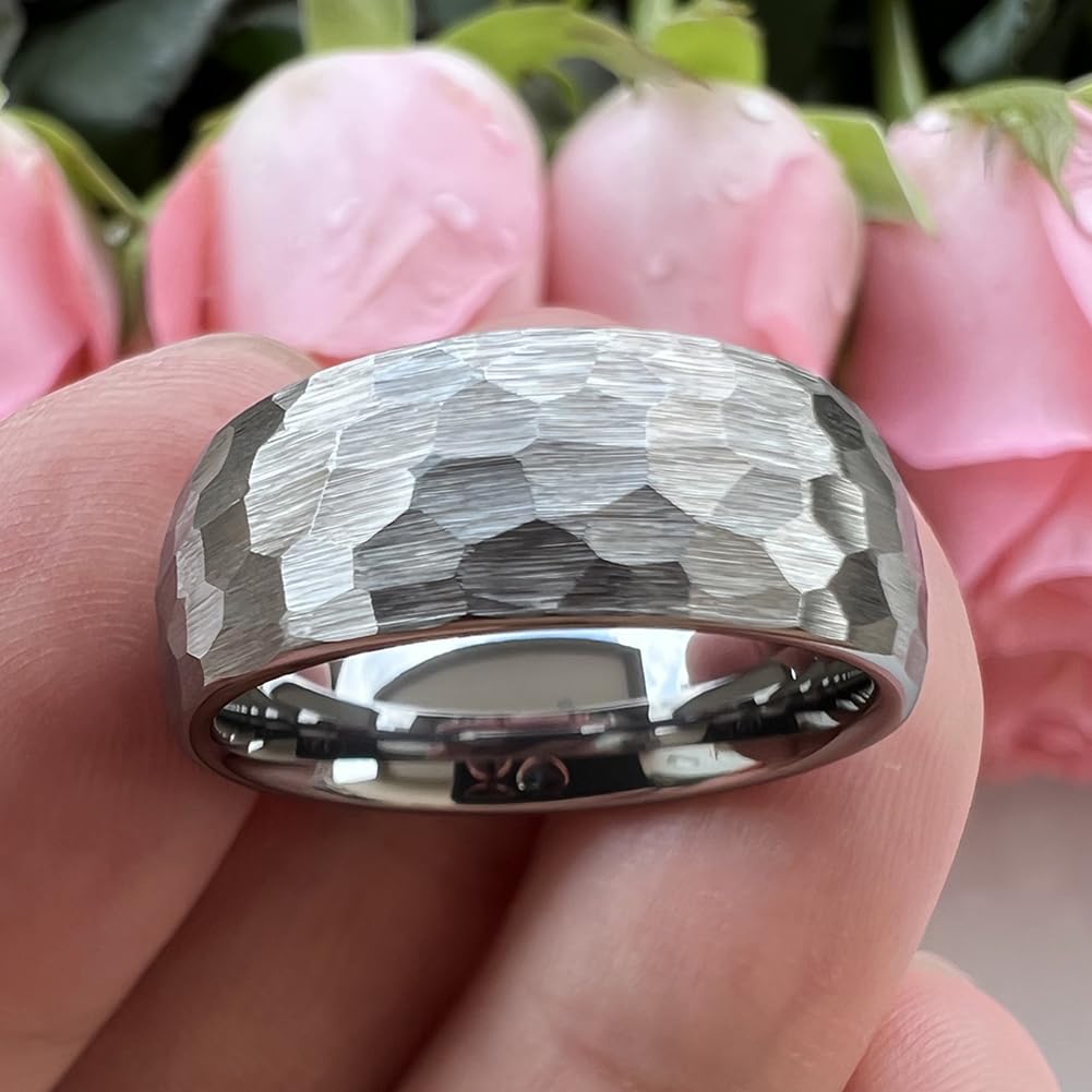 TUTISS 8mm Hammered Tungsten Rings for Men Women Fashion Engagement Wedding Bands Domed Matte Finish Comfort Fit Size 14