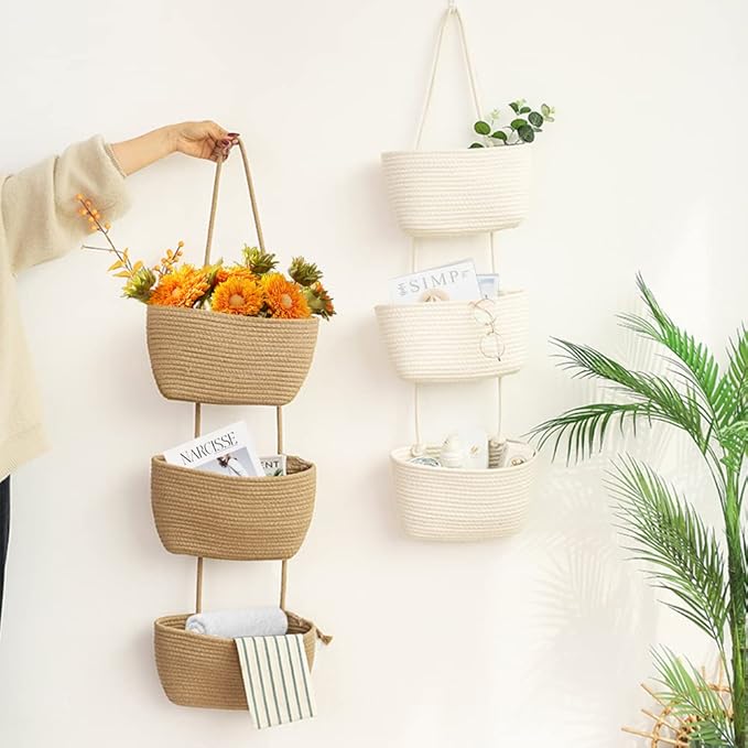 TeoKJ Over the Door Hanging Basket, 3-Tier Woven Cotton Wall-Mounted Storage