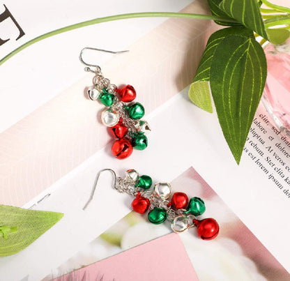 NewZenro Silver Red Green Christmas Jingle Bell Cute Ornament Long Chain Dangle Earrings Bracelets Necklaces for Women Hook Stocking Stuffers Hypoallergenic Party Jewelry Gifts for Daughter BFF Set