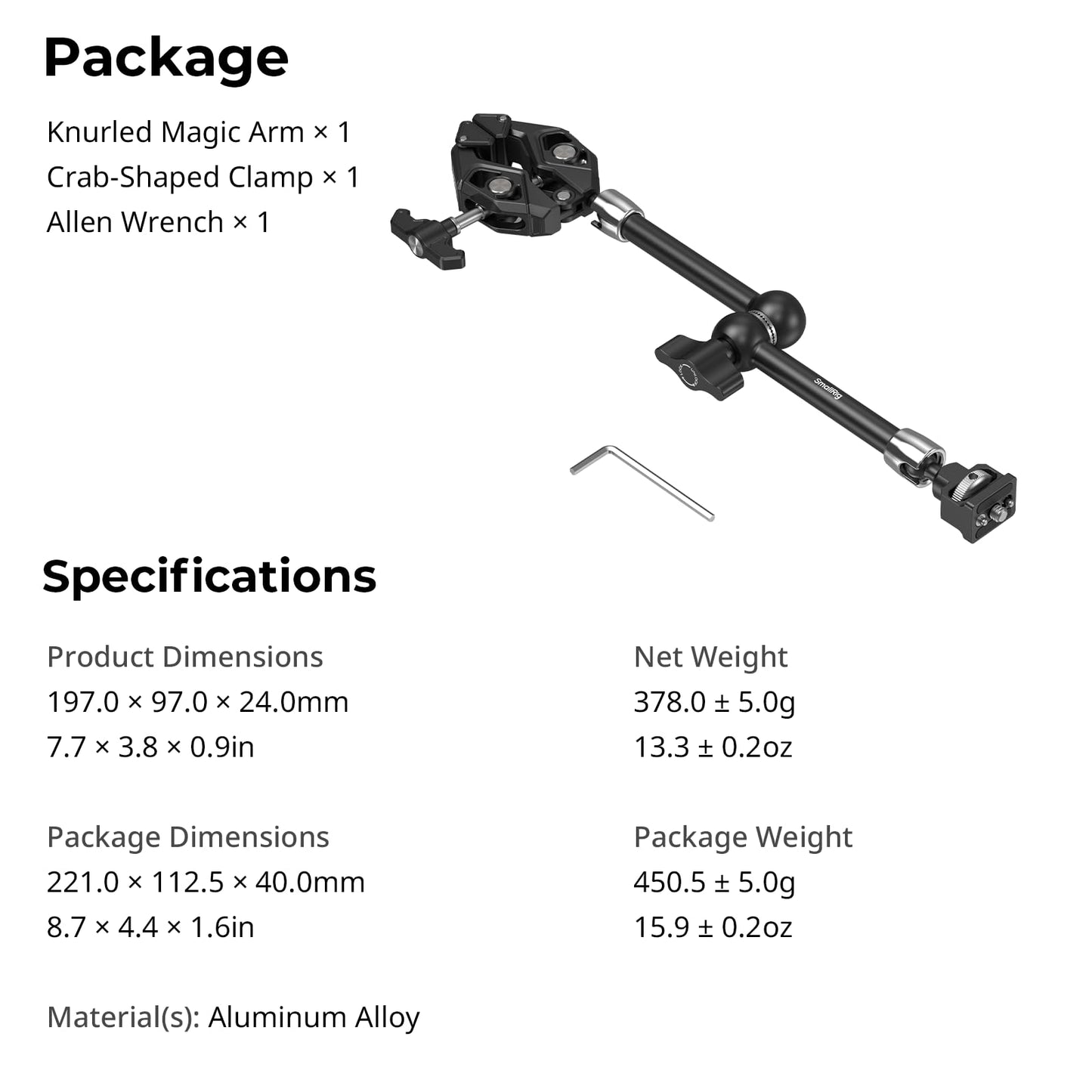 SMALLRIG 12.9 Inches Magic Arm Clamp, with 1/4'' Screw & Anti-Deflection Retractable Pin, Clamp Mount for GoPro/for Insta360 /for DJI Action/for DSLR/for Light/for Monitor/for Phone - 5312