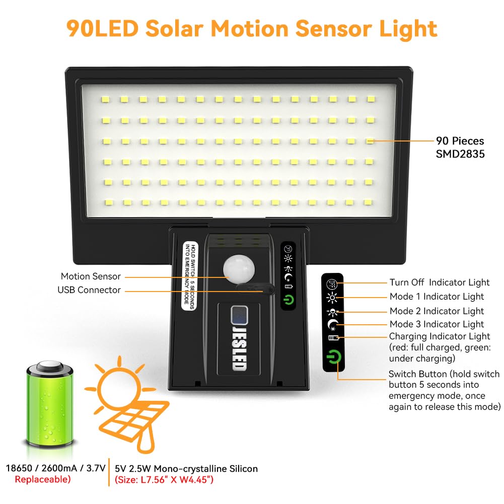 JESLED Solar Powered Lights Outdoor/Outside for Garden Fence Door Yard Pathway, 90 LED Solar Motion Sensor Security/Wall Lights Waterproof 2600mAh, USB Charging (1 Pack)