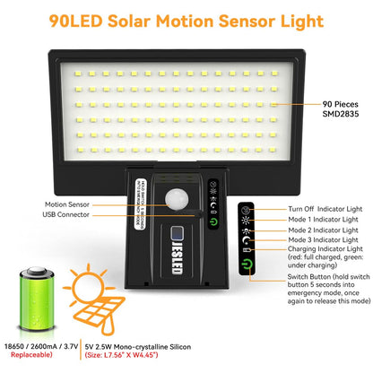 JESLED Solar Powered Lights Outdoor/Outside for Garden Fence Door Yard Pathway, 90 LED Solar Motion Sensor Security/Wall Lights Waterproof 2600mAh, USB Charging (1 Pack)