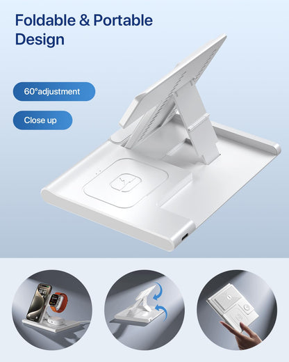 Wireless Charger,Foldable 3 in 1 Wireless Charger Stand for Apple Watch,Airpods Pro/3/2,Fast Wireless Charging Station for iPhone 17/Air/16/15/14/13/12/11/XS/XR/X/8（No Plug Included)