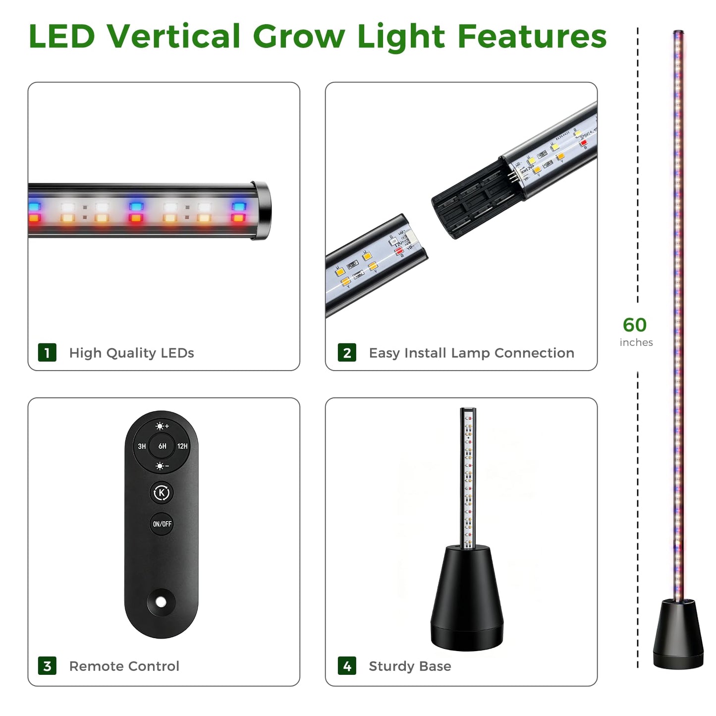 Grow Lights for Indoor Plants with Timer, 60 Inch Vertical Grow Light Full Spectrum 192 LEDs 24W with 3/6/12H Auto On/Off Remote 3 Light Modes 5-Level Dimmable Standing Plant Lamp