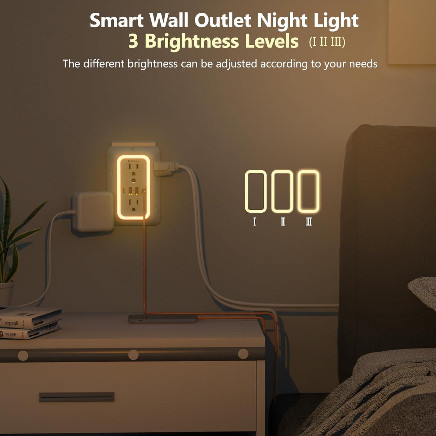 Wall Outlet Extender with Night Light, Power Plug Adapter 6 Outlet Extender with 4 USB Charging Ports 1050J Power Strip Multi Plug Adapter Spaced for Home Travel Office (2U2C)