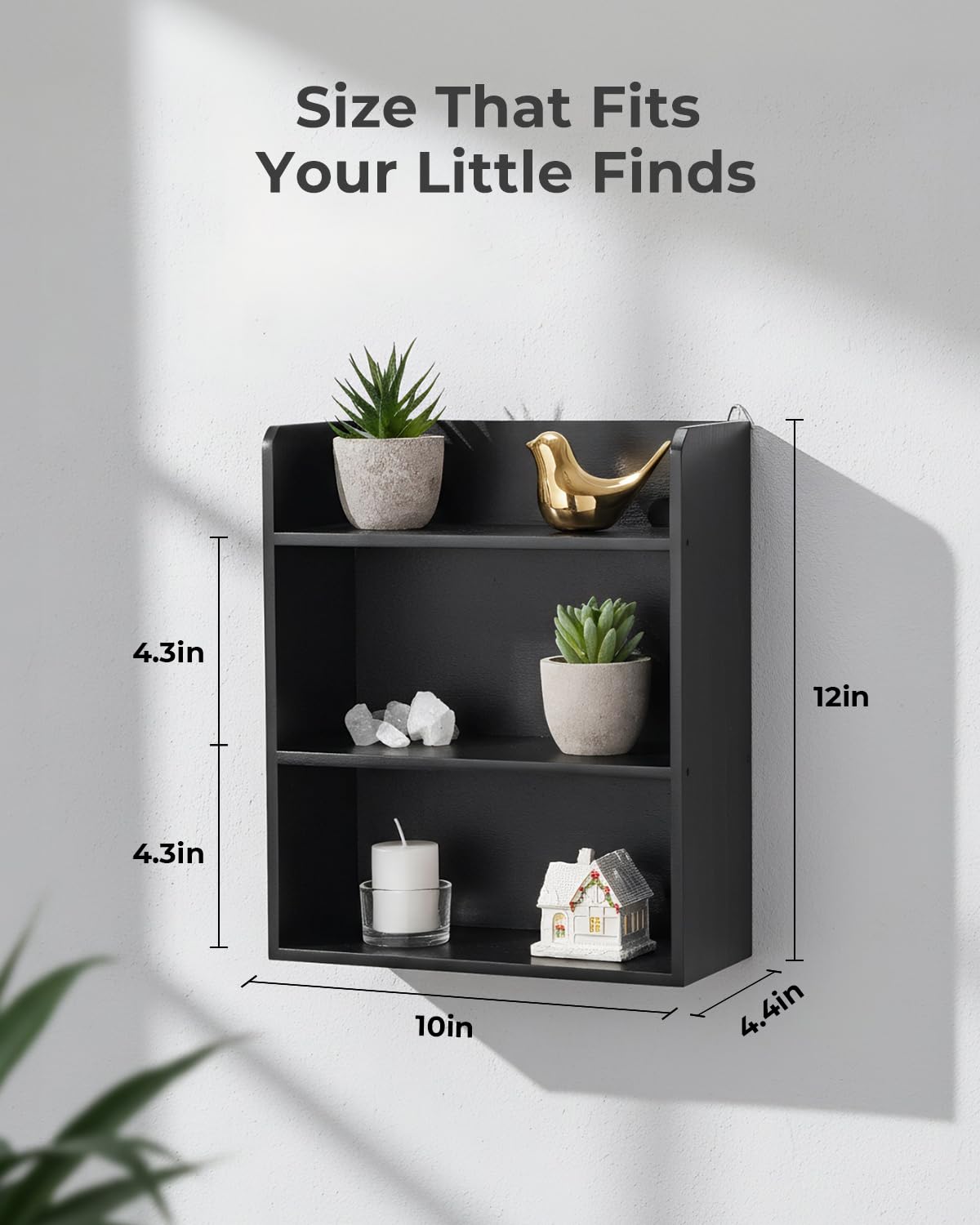 Bahhatii 3-Tier Trinket Shelf, 10" x 12" Small Display Shelf for Desk or Wall, Wooden Knick-Knack Shelves for Collectibles, Perfume & Crystal Storage, Black