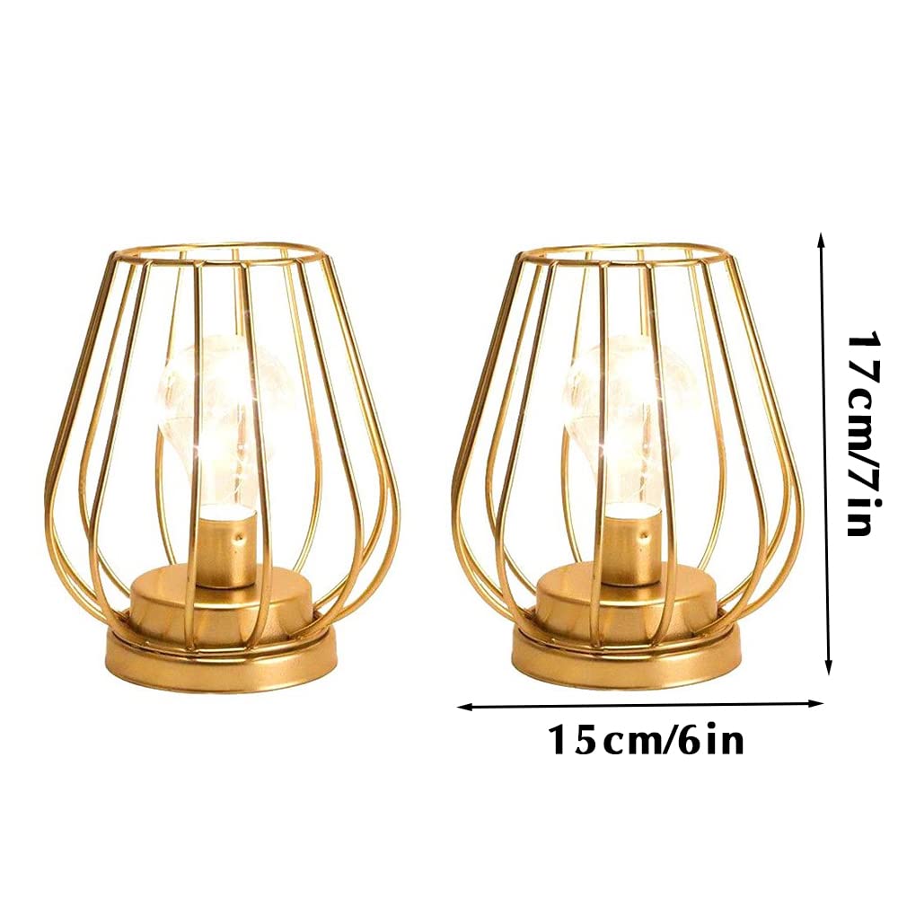TRIROCKS Set of 2 Metal Battery Operated Lamp 7'' Tall Mini Cage Shape Cordless Table Lamp Battery Lanterns with Warm Fairy Lights Bulb for Patio Garden Wedding Parties Indoor Outdoor(Gold)