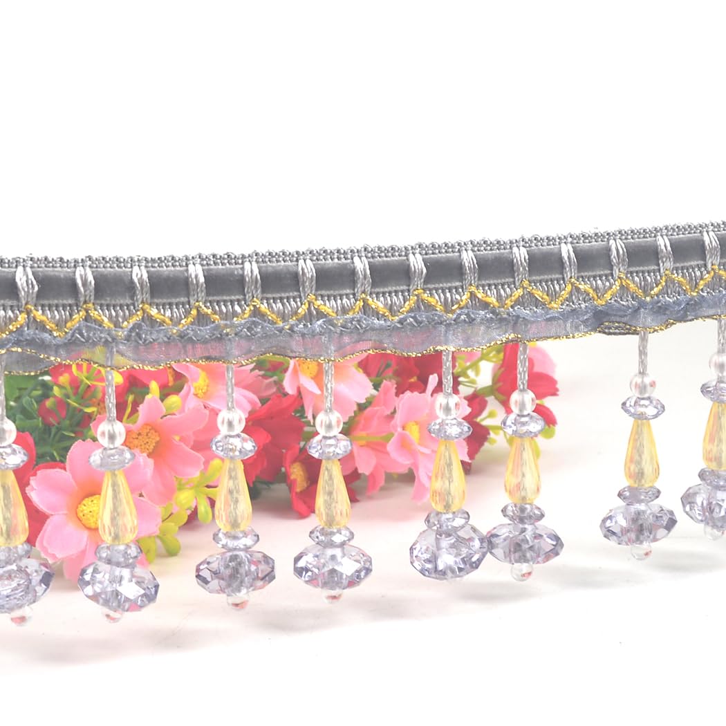 Kuasting 6.5 Yards Braid Hanging Ball Tassel Fringe Trim Bead Sewing Trim Fringe Acrylic DIY Craft Sewing Accessory for Home Curtain Decoration (Gray)