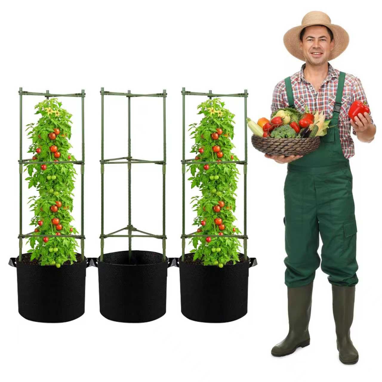 GENMOUS Tomato Cages with Grow Bags - 48 Inch Tomato Trellis for Raised Garden Bed, 3-Pack Tomato Plant Support, with 10 Gallon Plant Grow Bags, Reusable and Height Adjustable