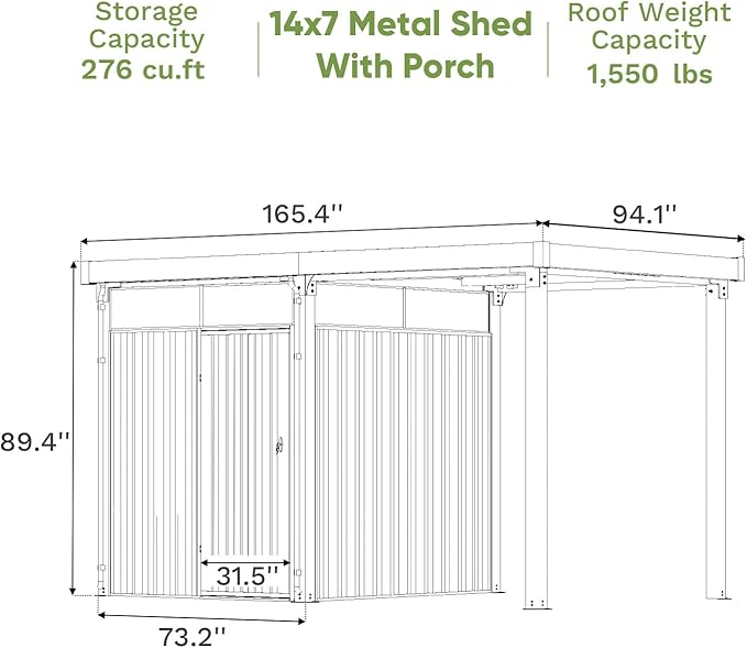 Patiowell 2-in-1 Outdoor Storage Shed, 7' x7' Galvanized Steel Metal Shed with 7' x 7' Porch Pergola Gazebo Outdoor Studio Open-Sided Firewood Shed for Backyard Patio Garden Lawn