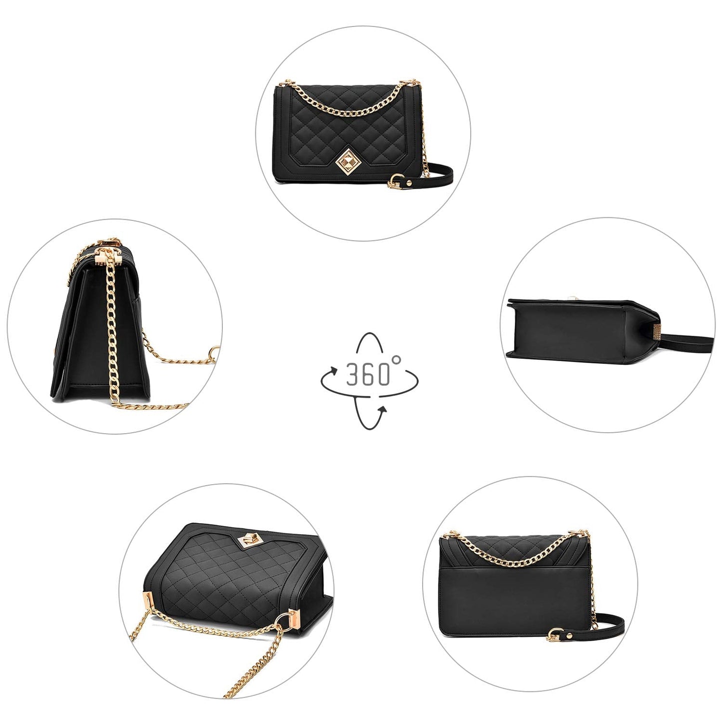 Travistar Crossbody Bags for Women Small Ladies Shoulder Bag Purse PU Leather Quilted Handbags with Gold Chain Strap Fashion Cute Cross Body Phone Bag Side Purses Black Evening Clutch