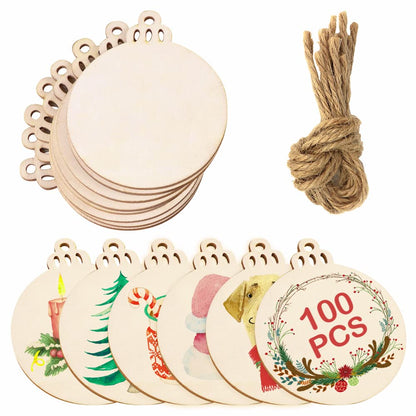 OurWarm 100pcs Wooden Ornaments for Crafts, 3.5inch DIY Christmas Ornaments to Paint, Unfinished Round Wood Slices Christmas Crafts for Hanging Xmas Tree Decorations